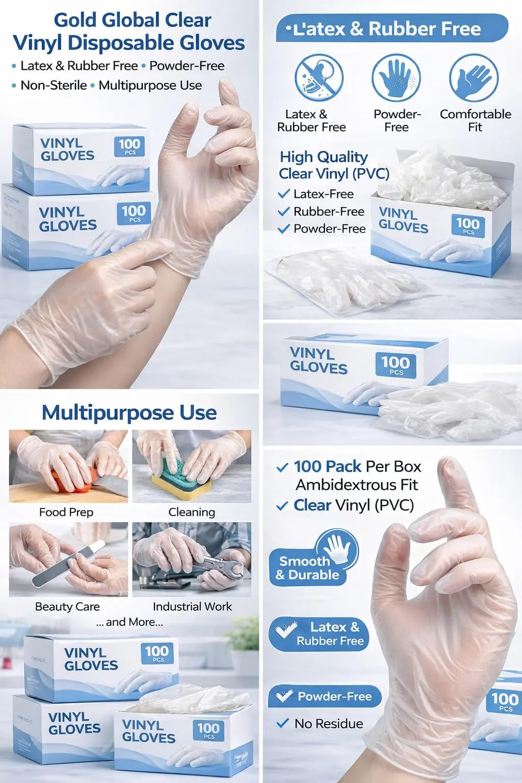 Gold Global Clear Vinyl Disposable Gloves | Powder-Free, Latex & Rubber Free, Food Handling & Cleaning Use, Cooking Gold Global