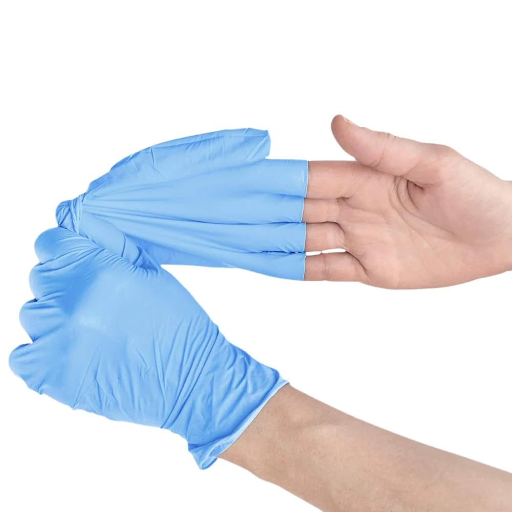Blue disposable nitrile gloves Person wearing blue nitrile disposable gloves for cleaning and industrial work