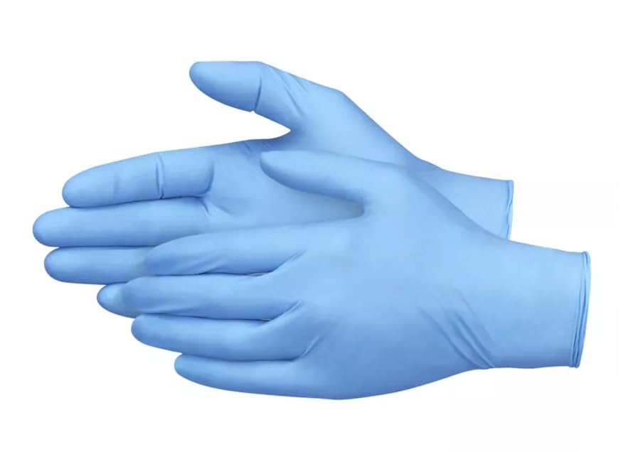 Blue disposable nitrile gloves textured grip latex free powder free exam gloves, side view