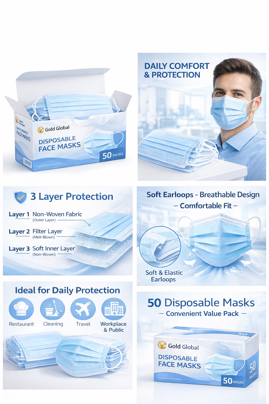 Gold Global Disposable Face Masks – 3 Layer Non-Medical Earloop Masks, Breathable 3-Ply Protection Gold Global