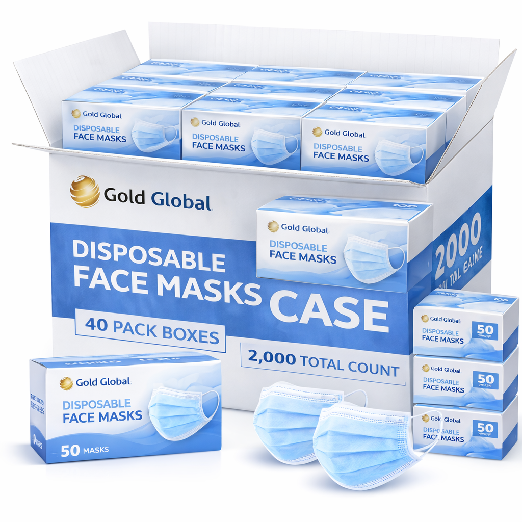 Gold Global Disposable Face Masks – 3 Layer Non-Medical Earloop Masks, Breathable 3-Ply Protection Gold Global