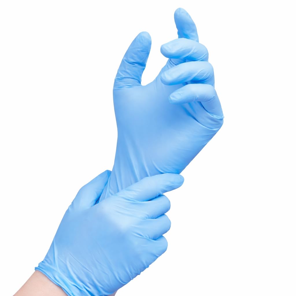 Blue disposable nitrile gloves textured grip latex free powder free exam gloves close up front view 