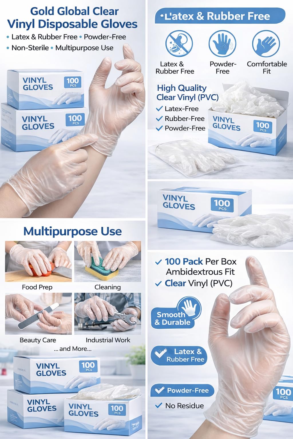 Gold Global Clear Vinyl Disposable Gloves | Powder-Free, Latex & Rubber Free, Food Handling & Cleaning Use, Cooking Gold Global