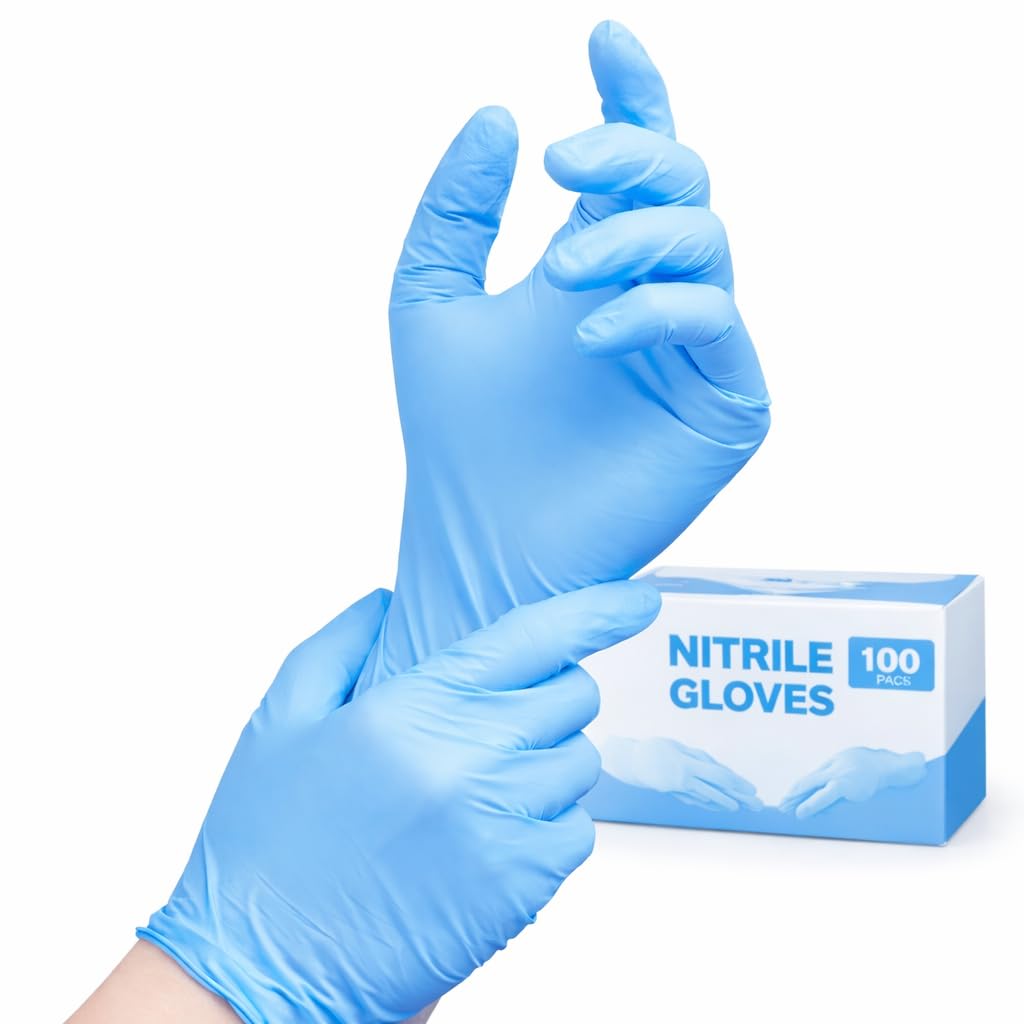 Gold Global blue nitrile gloves 4 mil powder free latex free disposable nitrile exam gloves, box and glove demo front side